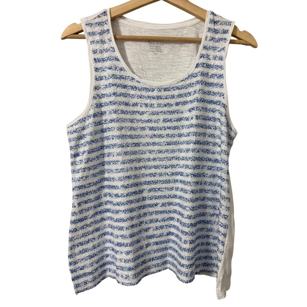 Chicos White Blue Sequin‎ Striped Tank Top Sleeveless Cotton Blend Size 2/ Large